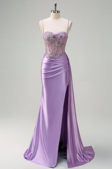 Purple Mermaid Watteau Train Sheer Ruched Corset Long Prom Dress with Slit